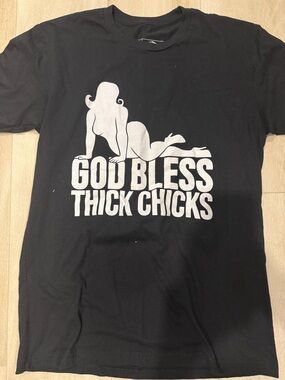 Black Short Sleeve Graphic Tee with White 'God Bless Thick Chicks' Print
